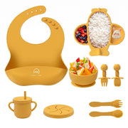 9 Pcs Silicone Feeding Set for Babies | Airplane Divided Plate & Bowl, Spoons, Forks & Bib