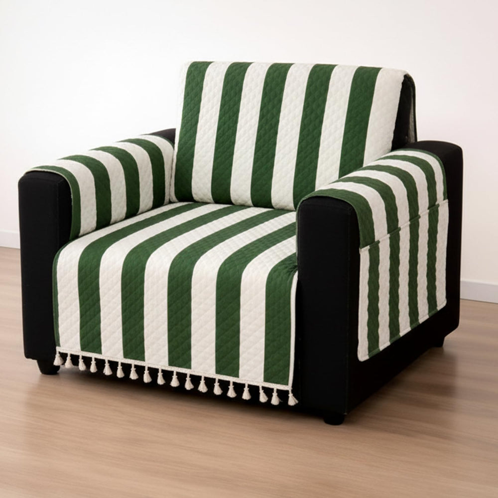 IKATRA Series Quilted Printed Sofa Cover for Indian Sofa Set with Side Pocket (Evergreen Stripe)