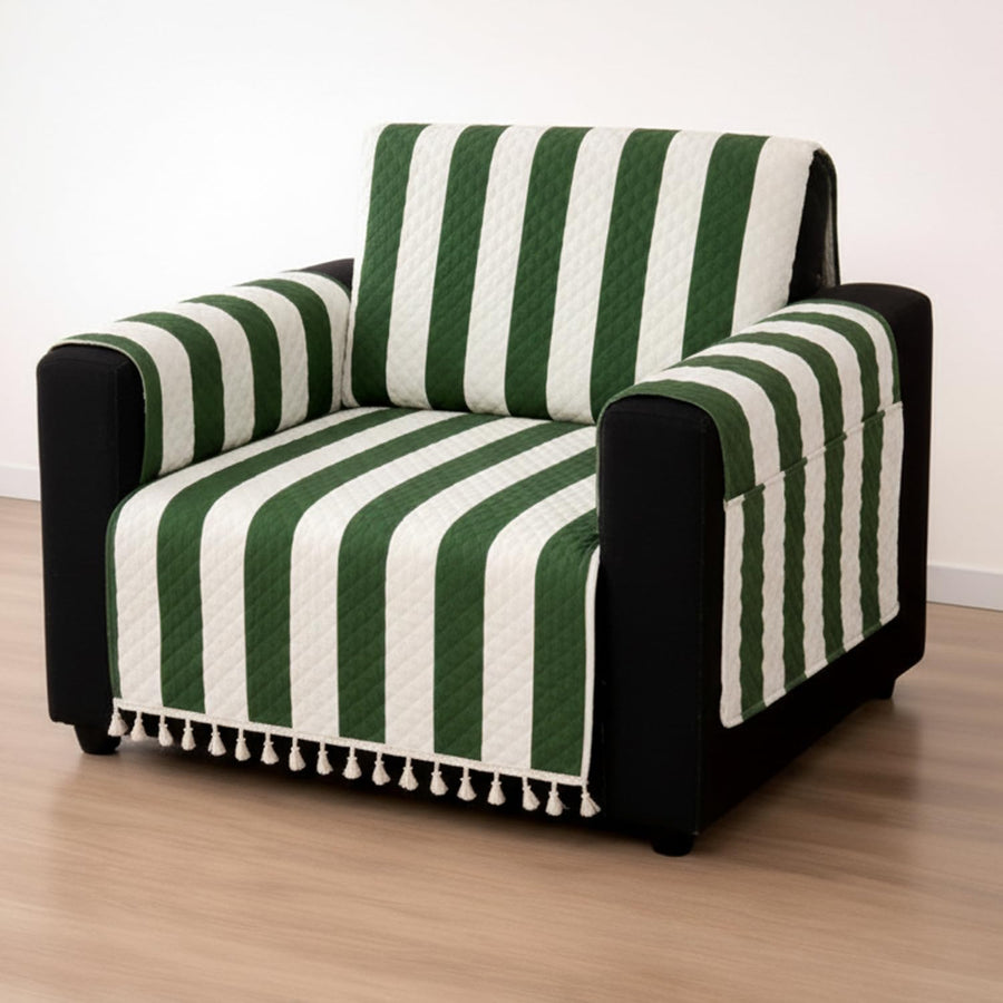 IKATRA Series Quilted Printed Sofa Cover for Indian Sofa Set with Side Pocket (Evergreen Stripe)