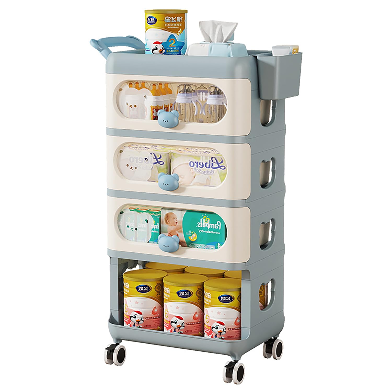 4-Tier Baby Dresser Storage Trolley Plastic Rolling Cart with Drawers