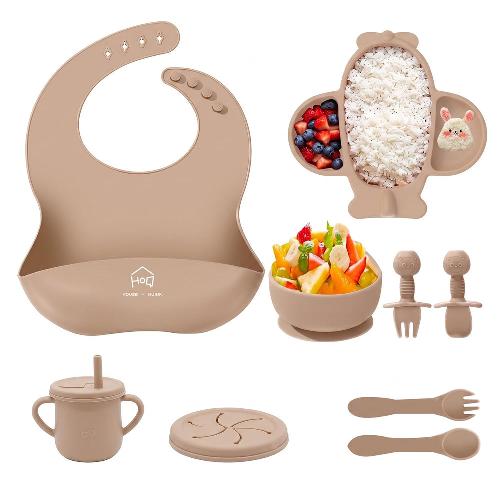 9 Pcs Silicone Feeding Set for Babies | Airplane Divided Plate & Bowl, Spoons, Forks & Bib