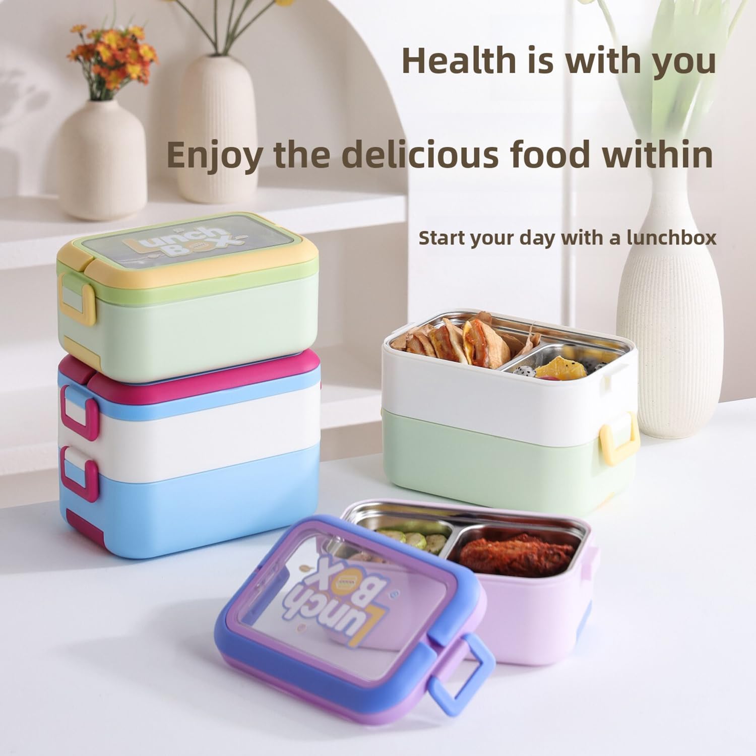 1200ml Double Layer Stainless Steel Lunch Box with Spoon & Fork