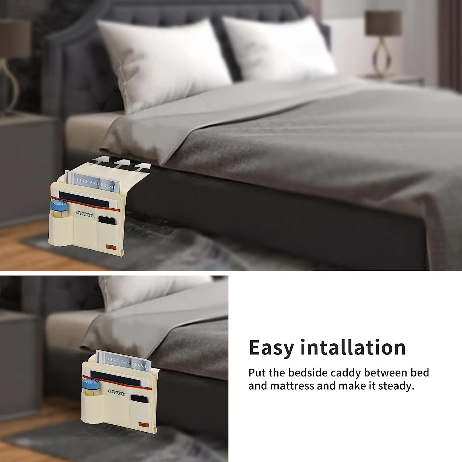 Bedside Caddy, 5 Pockets Remote Control Holder Bed Sofa storage organizer Side Pocket Large (Beige)