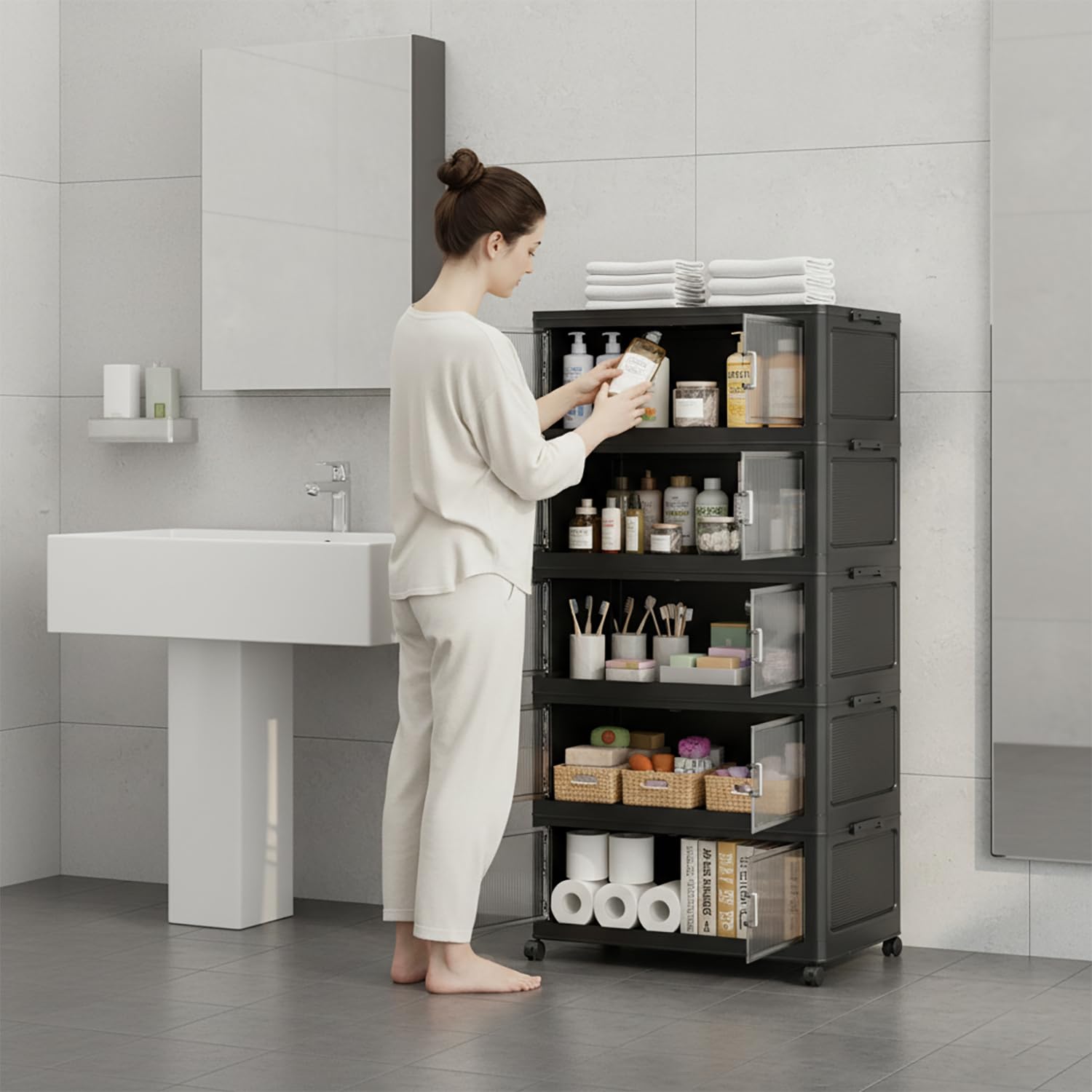 Foldable Storage Box with Wheels & Transparent Windows (Black, 62cm)