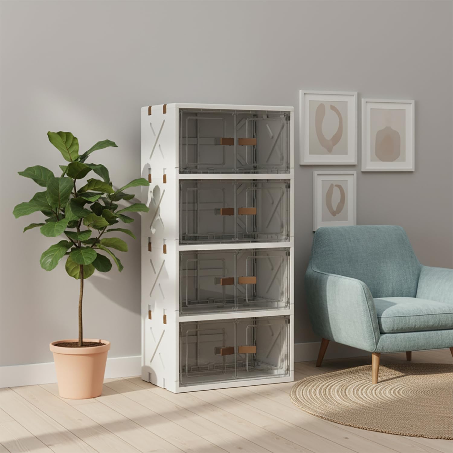 Foldable Flip-Top Plastic Storage Box with Dual Doors – 40cm (Transparent/Cream)