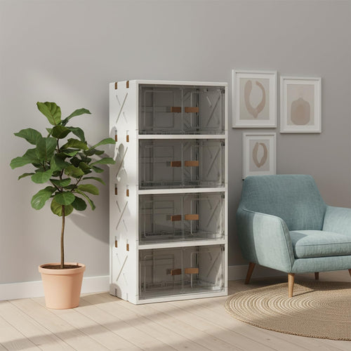 Foldable Flip-Top Plastic Storage Box with Dual Doors – 40cm (Transparent/Cream)