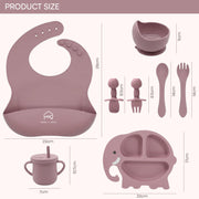 9-Piece Silicone Baby Feeding Set | Elephant Divided Plate, Bowl, Spoon, Fork & Bib