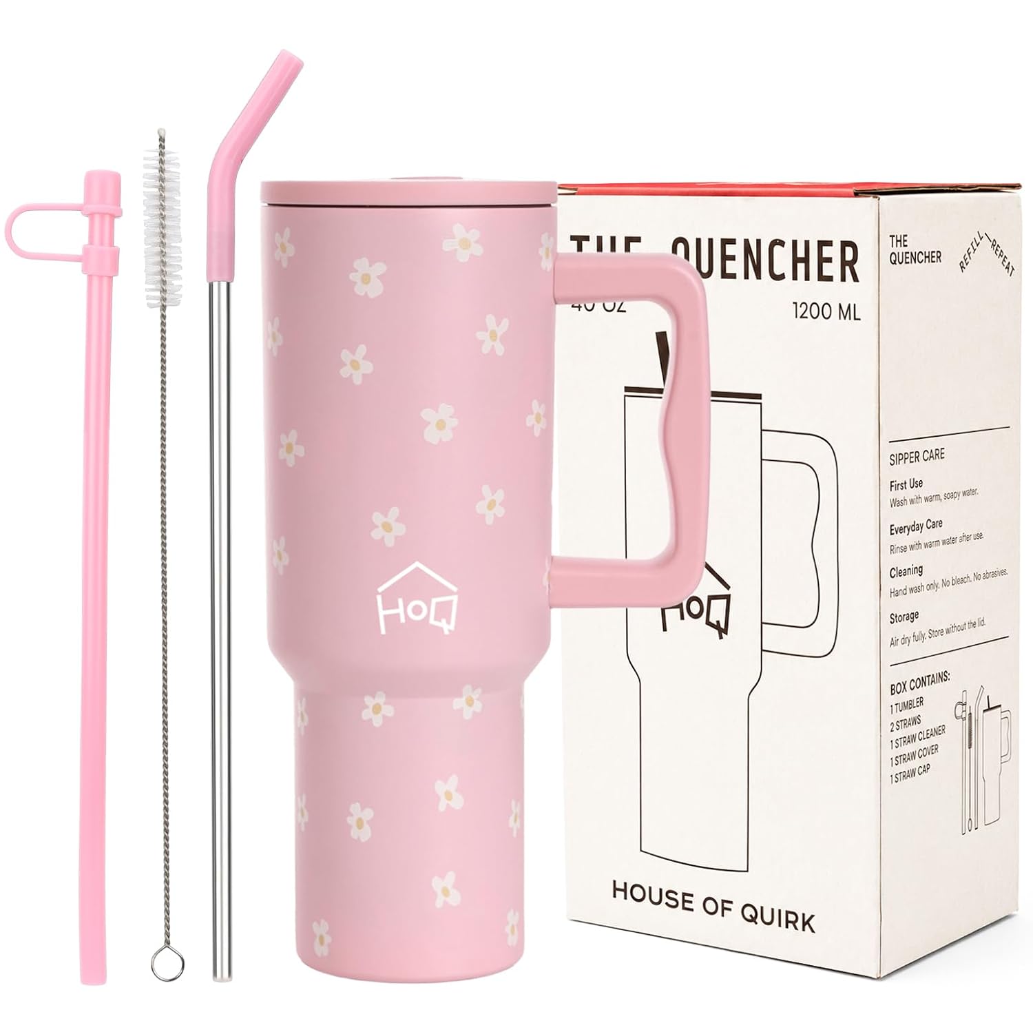 1200ML Stainless Steel Tumbler with Lid, Handle & Straws - Floral & Stripe
