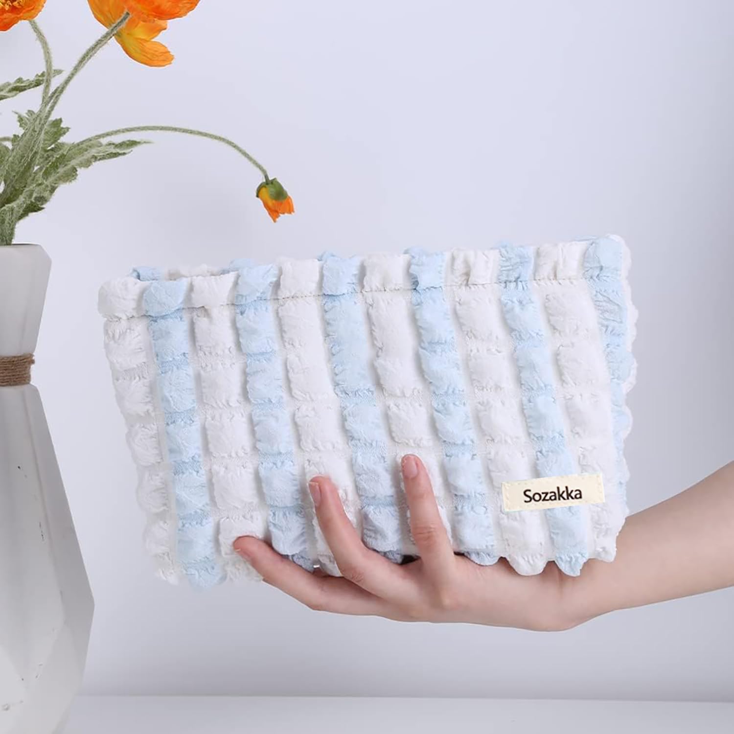 Makeup Bag Cute Makeup Bag Small Cosmetic Pouch (White/Blue)