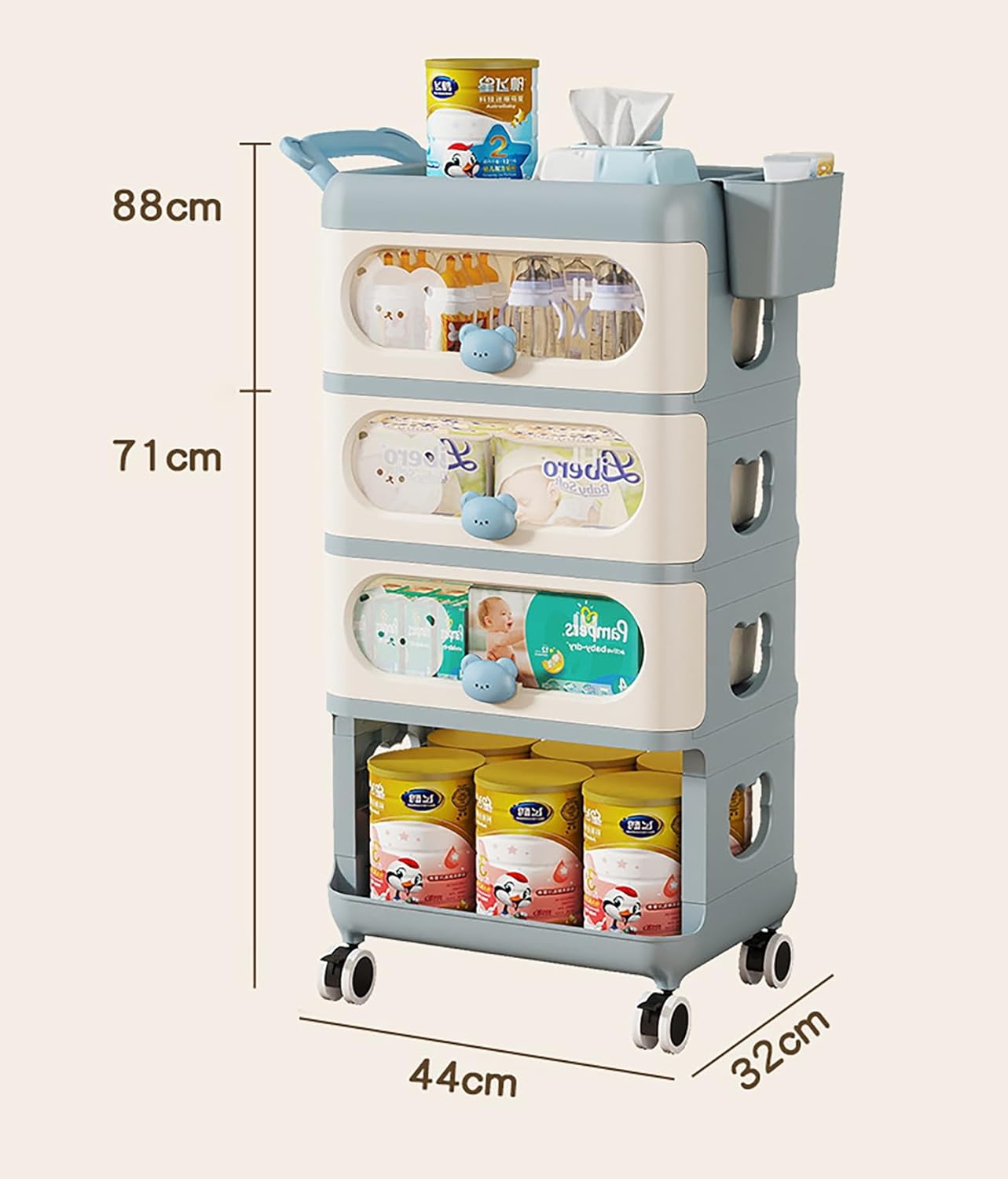 4-Tier Baby Dresser Storage Trolley Plastic Rolling Cart with Drawers
