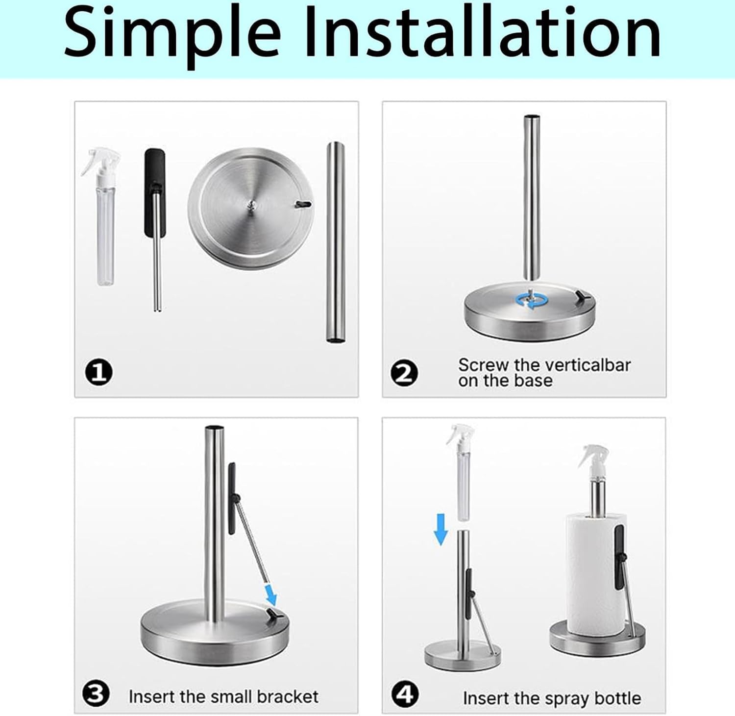 2-in-1 Stainless Steel Paper Towel Holder with Spray Bottle, Suction Base, One-Hand Tear Design (Silver)