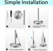 2-in-1 Stainless Steel Paper Towel Holder with Spray Bottle, Suction Base, One-Hand Tear Design (Silver)