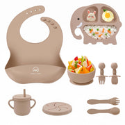 9-Piece Silicone Baby Feeding Set | Elephant Divided Plate, Bowl, Spoon, Fork & Bib