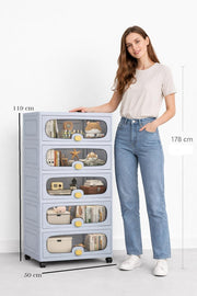 Stackable Collapsible Storage Box Cabinet with Wheels & Flip Doors (Grey)