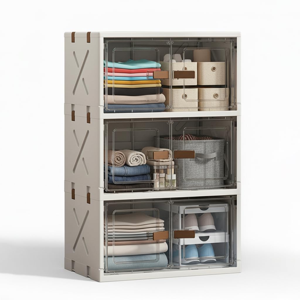 Foldable Flip-Top Plastic Storage Box with Dual Doors – 40cm (Transparent/Cream)