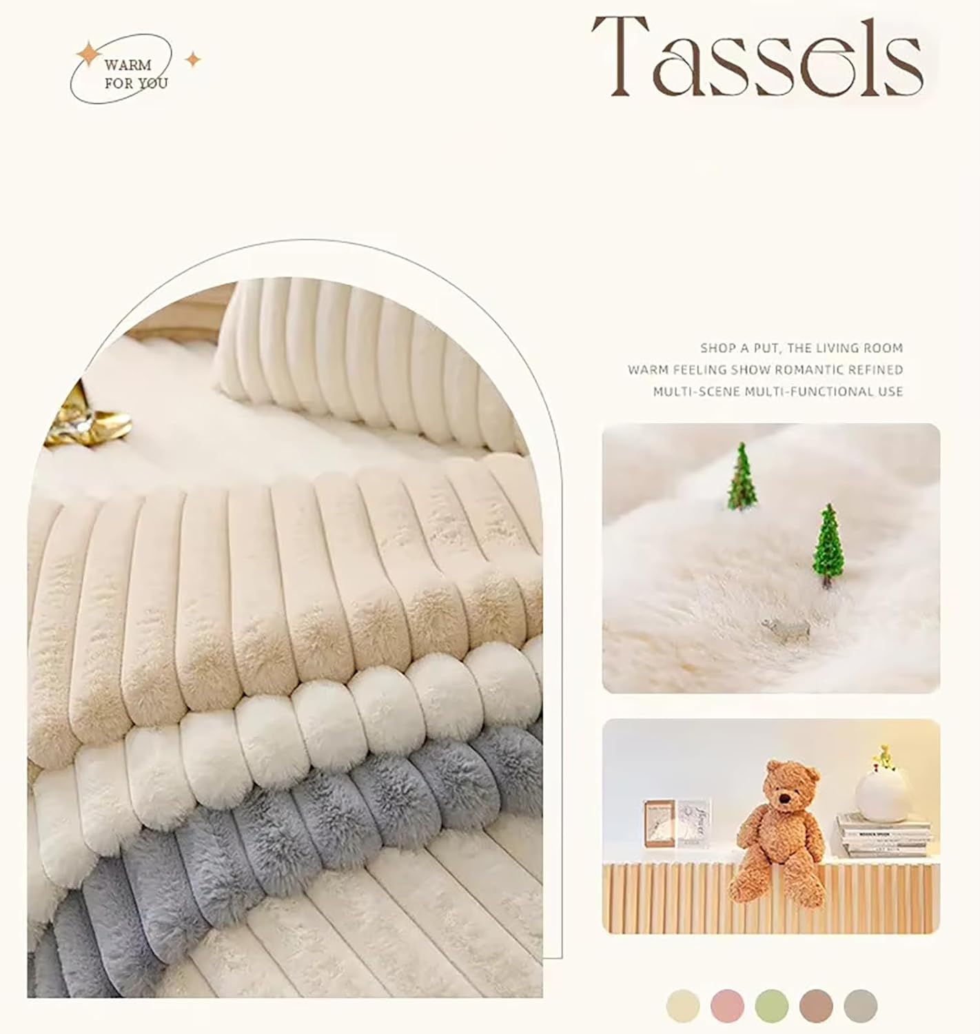 3D Striped Rabbit Plush Soft Sofa Mat Anti-Slip Fuzzy Plush- Cream