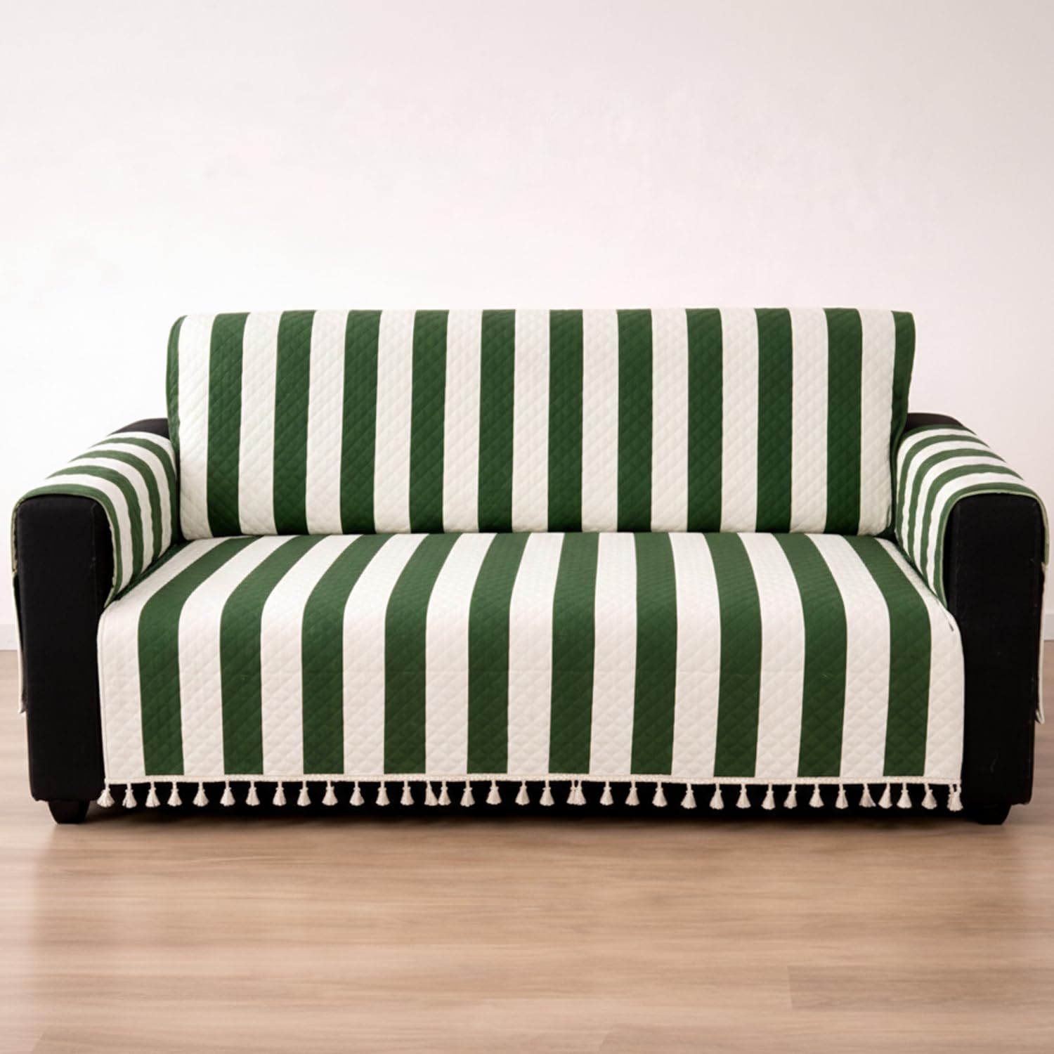 IKATRA Series Quilted Printed Sofa Cover for Indian Sofa Set with Side Pocket (Evergreen Stripe)