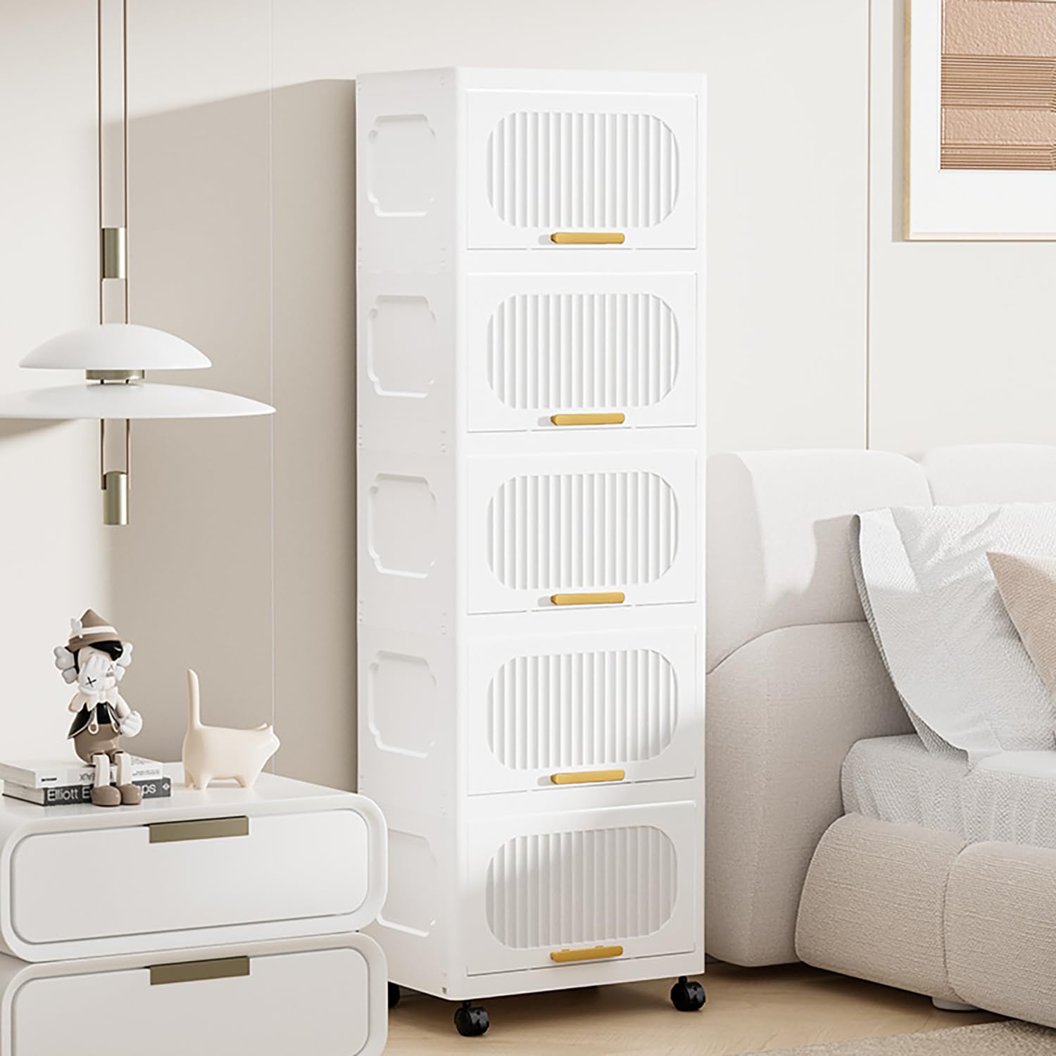 Stackable Collapsible Storage Boxes with Wheels and Doors – Versatile Plastic ( White 40 cm)
