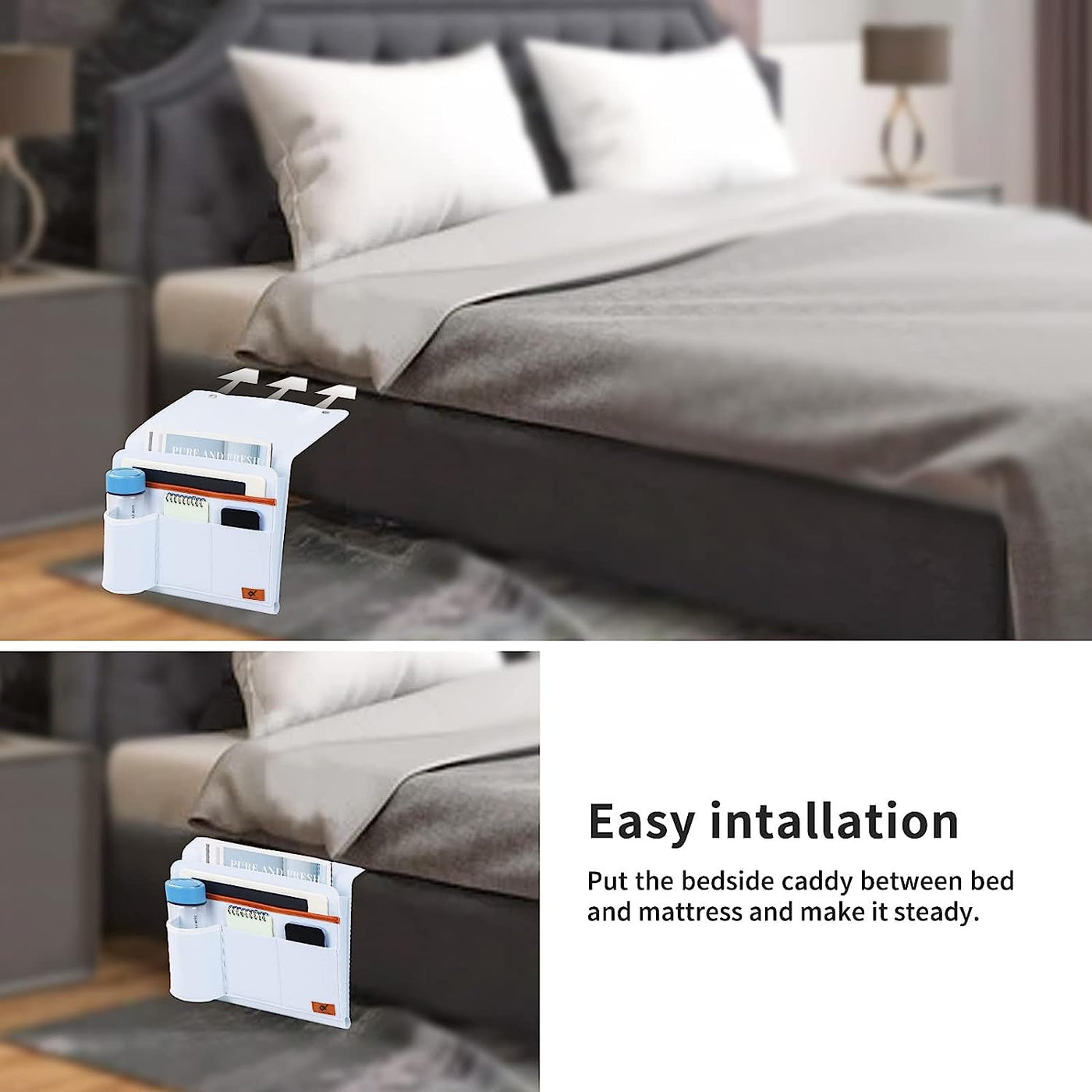 Bedside Caddy, 5 Pockets Remote Control Holder Bed Sofa storage organizer Side Pocket Large (White)