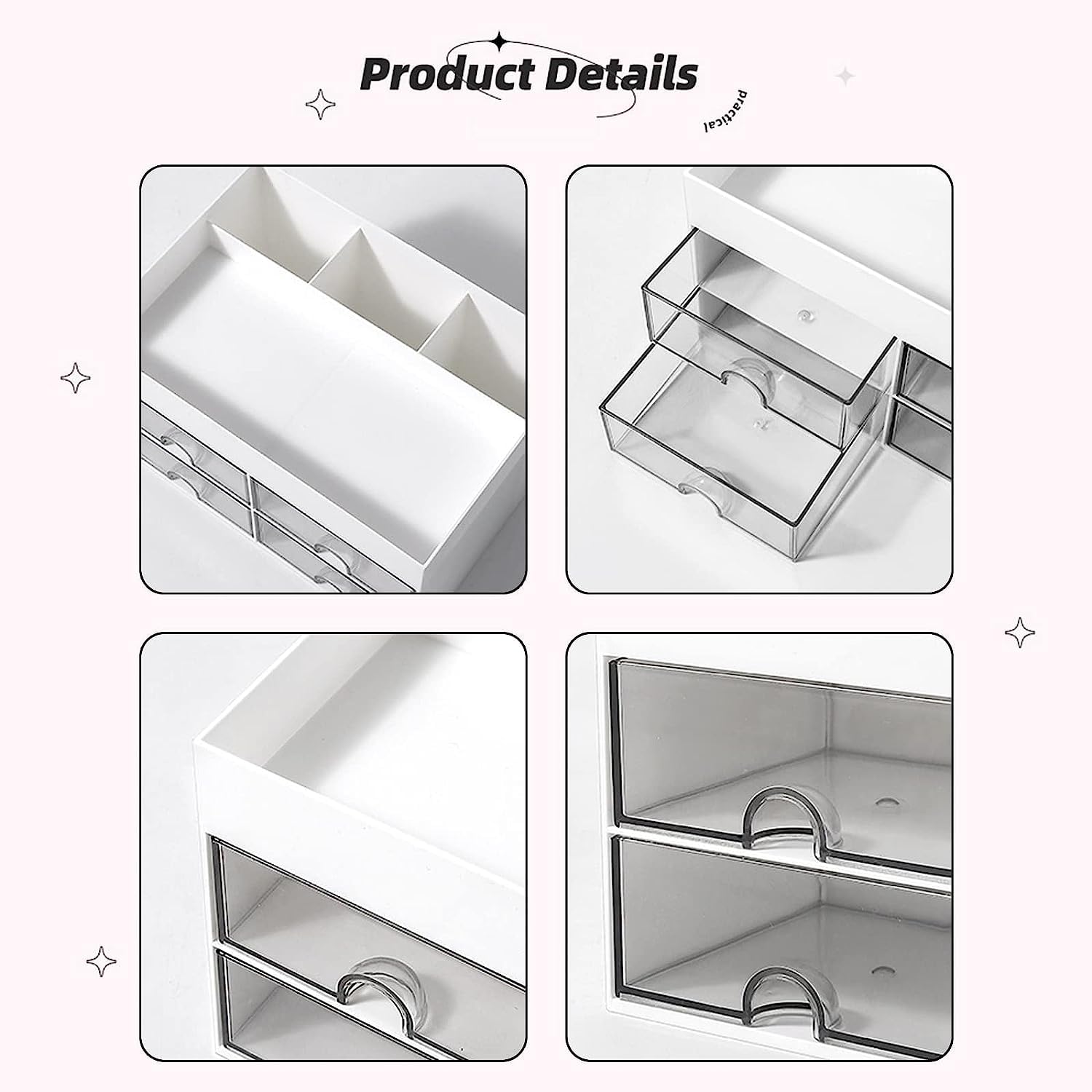Desk Organiser with Drawer, Multifunctional 4 Plastic Compartments-White