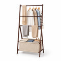Bamboo Foldable 3-Bar Clothes Rack with Storage Bag - Brown