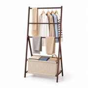 Bamboo Foldable 3-Bar Clothes Rack with Storage Bag - Brown