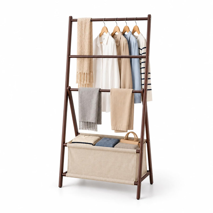 Bamboo Foldable 3-Bar Clothes Rack with Storage Bag - Brown