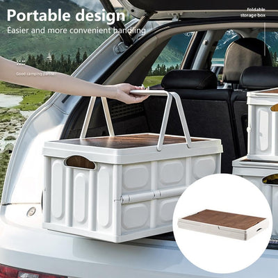 Folding Storage Bins with Wood Lid With Handle,Collapsible Closet - (Handle, 30Litre, White)