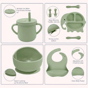 9-Piece Silicone Baby Feeding Set | Elephant Divided Plate, Bowl, Spoon, Fork & Bib