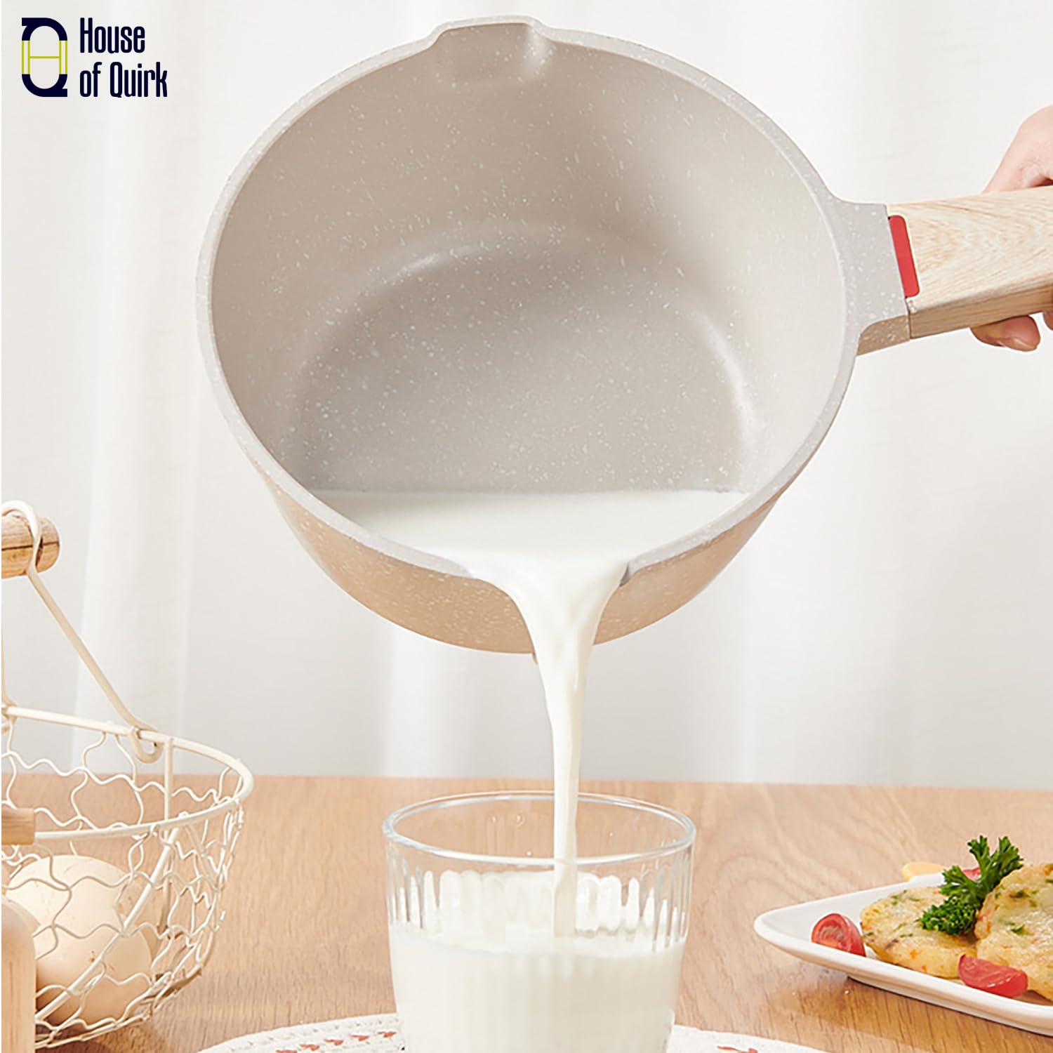 Maifan Stone Nonstick Sauce Pan with Glass Lid Wooden Handle (Granite Beige)