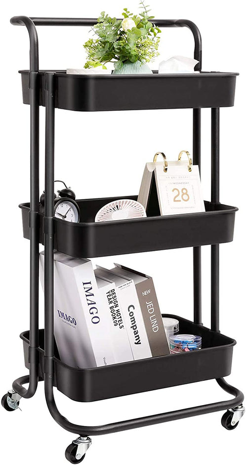 3 Tier Storage Trolley Metal Utility Trolley Storage Trolley, Multi-Purpose - (Black)