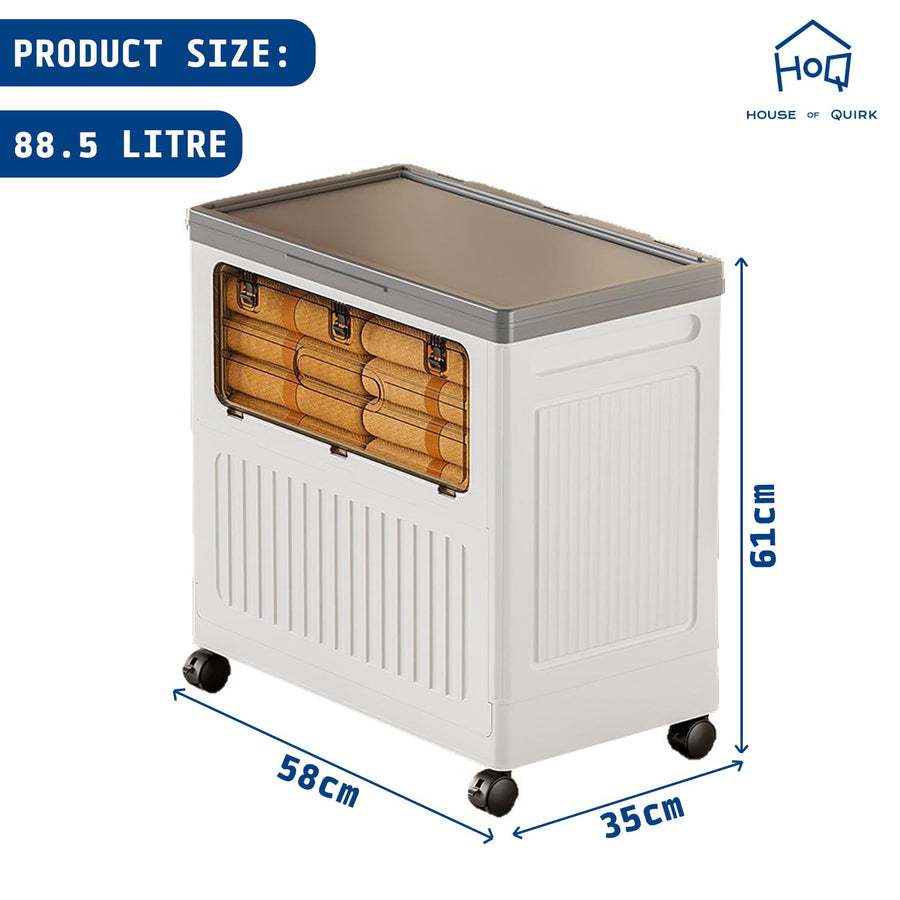 Foldable Storage Box with Lid & Wheels (White/Grey, 58cm)