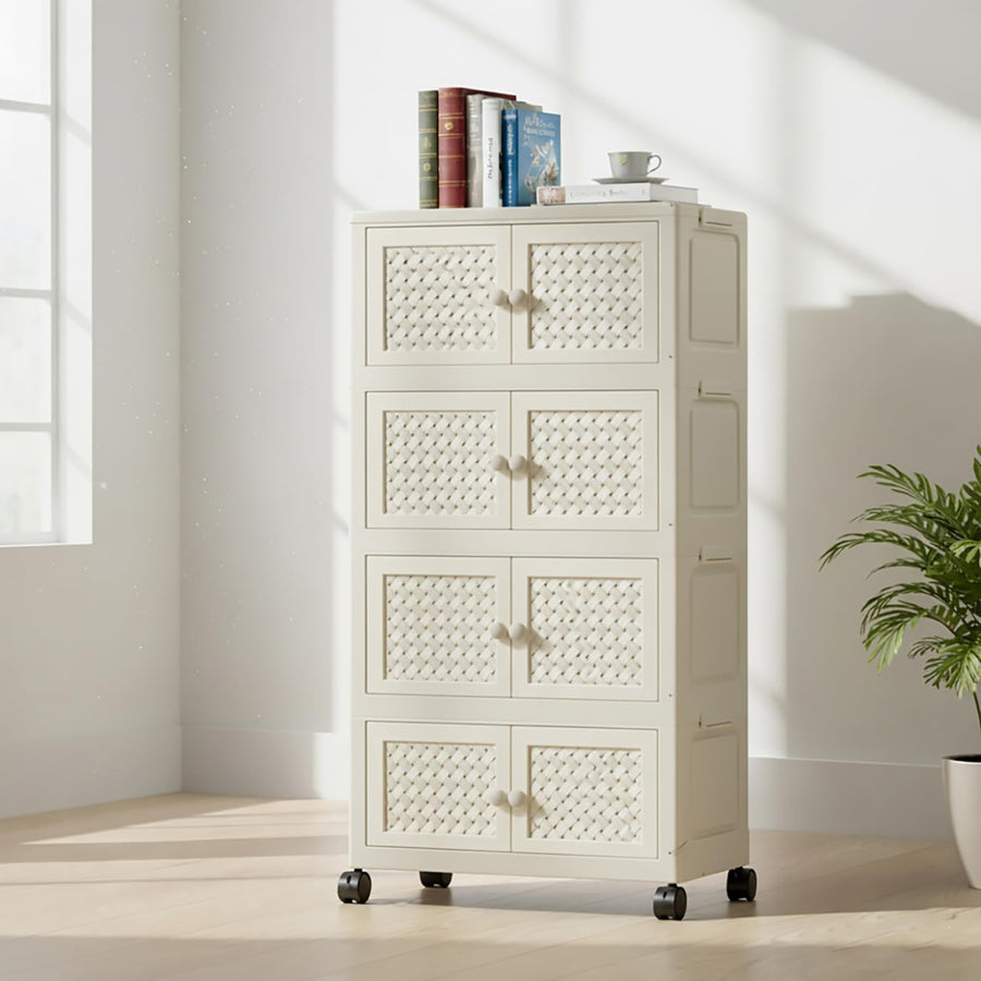 Rattan Design Foldable Storage Box with Wheels (White)