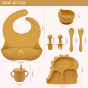 9 Pcs Silicone Baby Feeding Set | Dinosaur Divided Plate, Bowl, Spoons, Forks & Bib