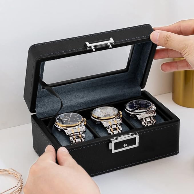 3 Slot PU Leather Watch Box with Glass Top,(Black)