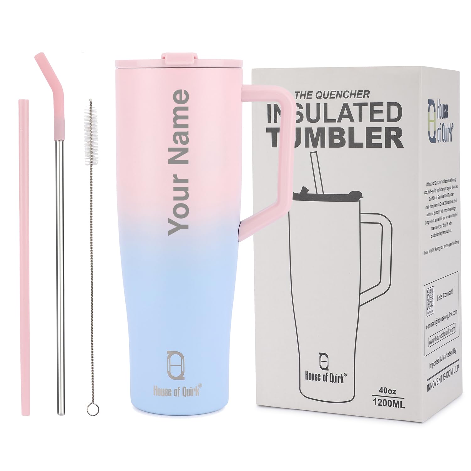 1200ML Custom Name Tumbler with Handle & 2 Straw Flip Lid (Non-Returnable & Non-Replaceable)