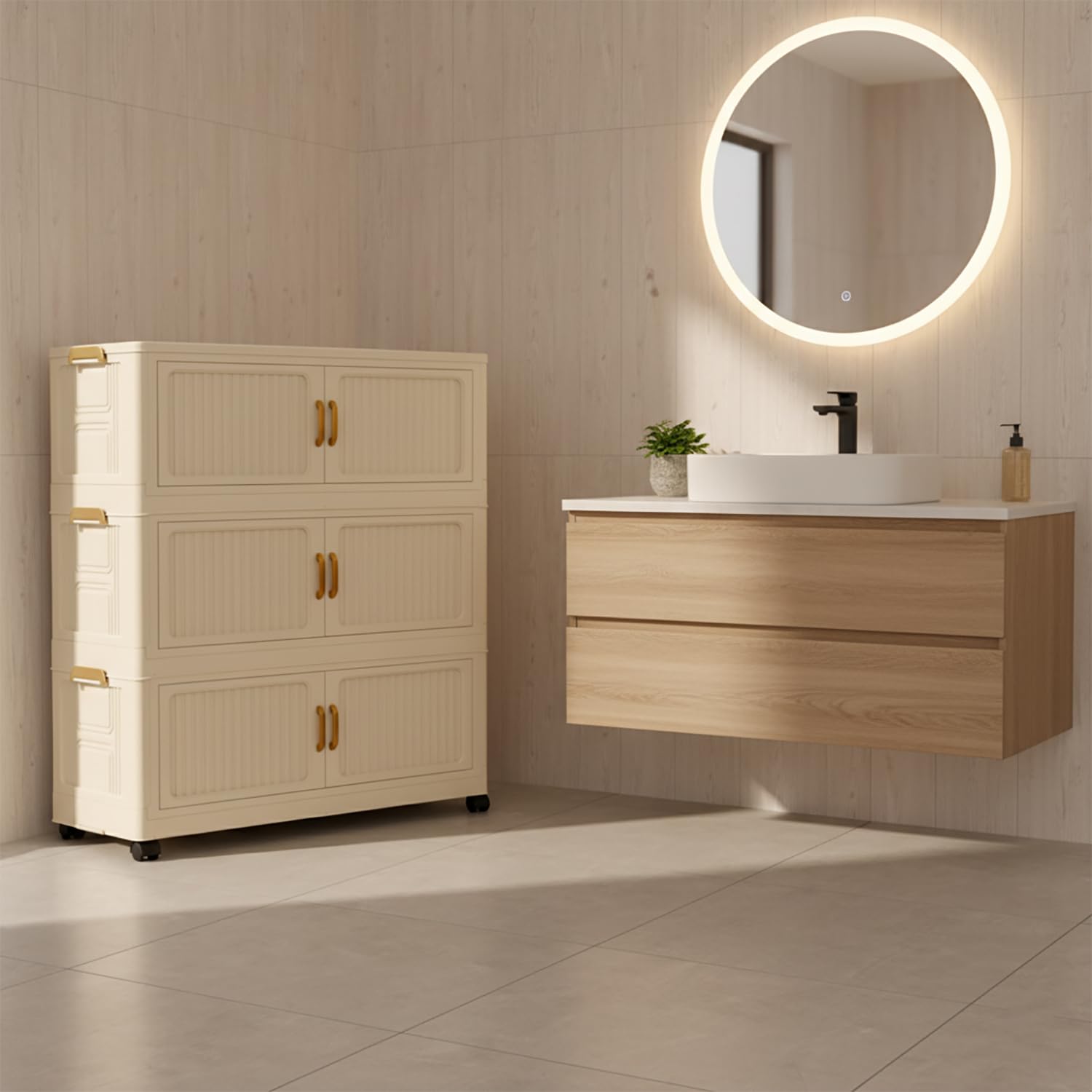 Foldable Storage Box Cabinet with Wheels Multi-Purpose Household Storage (Cream)