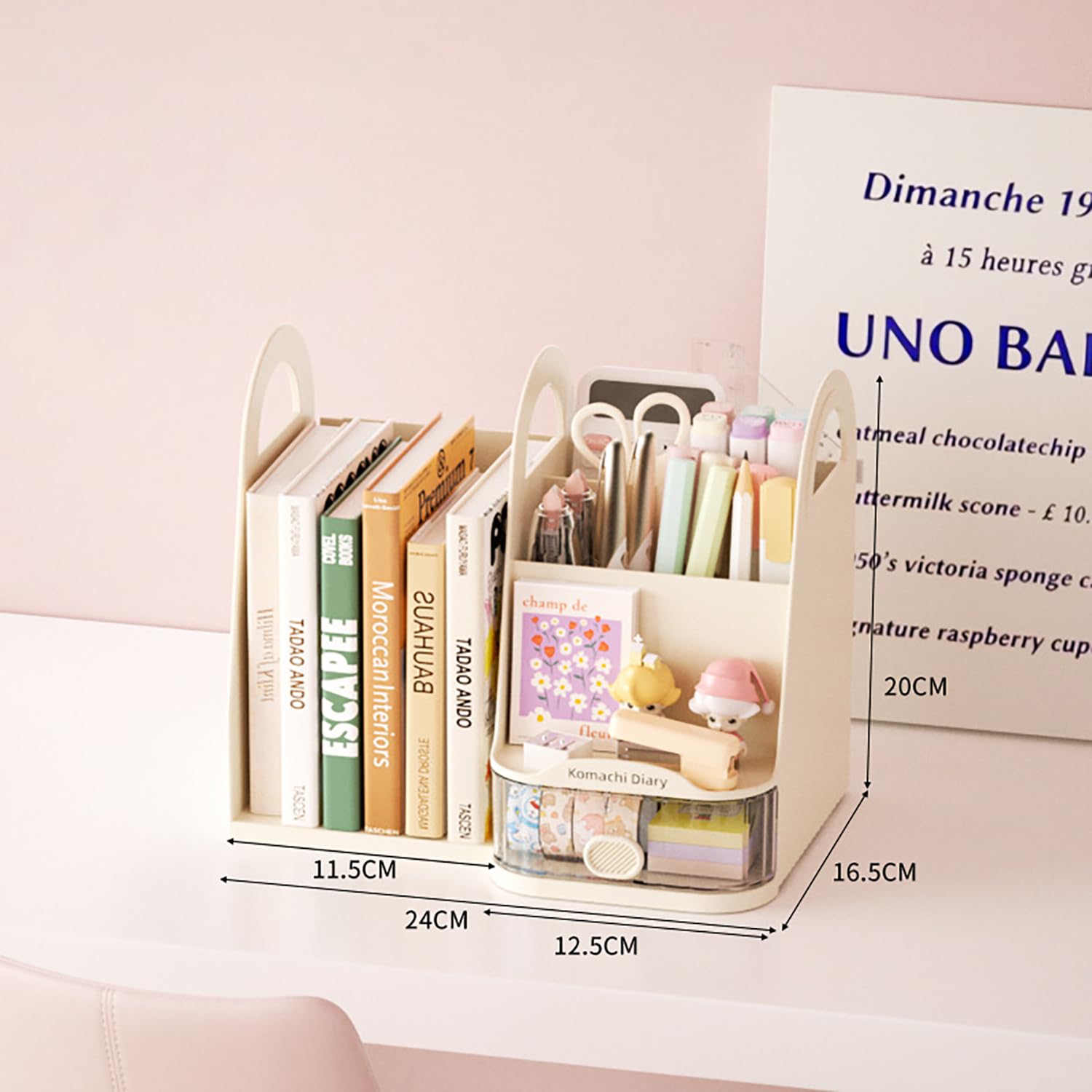 Modular Pen Holder & Desktop Bookshelf – Adjustable Left & Right Plastic Organizer (Cream)