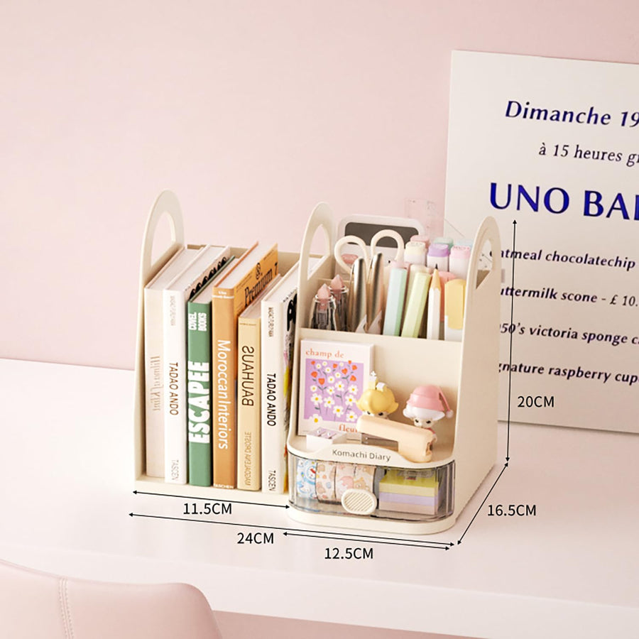 Modular Pen Holder & Desktop Bookshelf – Adjustable Left & Right Plastic Organizer (Cream)