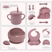 9 Pcs Silicone Baby Feeding Set | Dinosaur Divided Plate