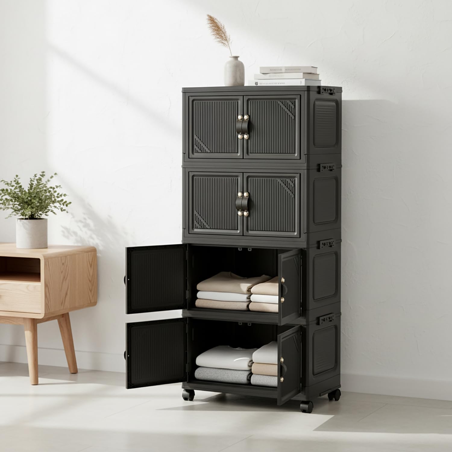 Foldable Storage Box Cart with Handle & Wheels (Black)