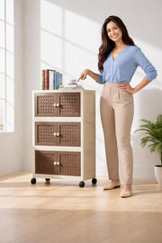 Rattan Design Foldable Storage Box with Wheels (Cream/Brown)