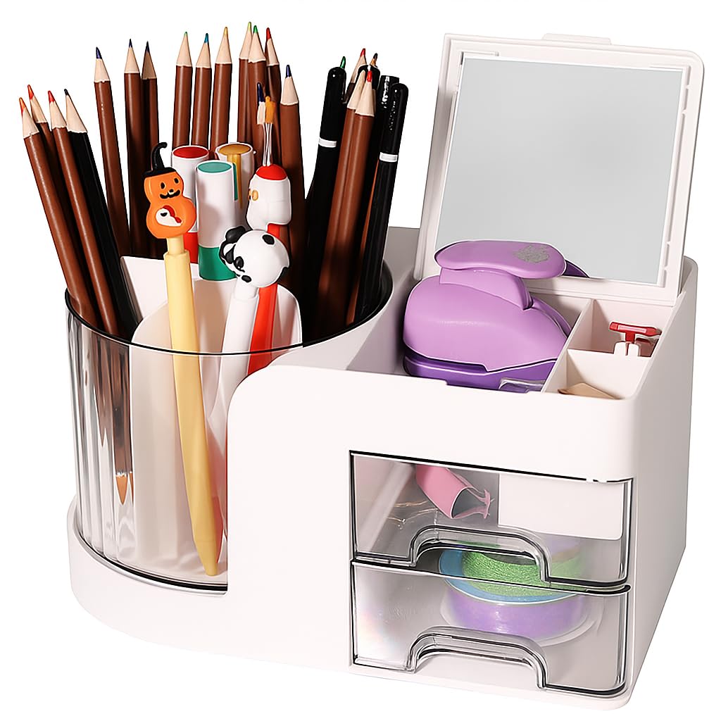 360° Rotating Desk Organizer with Mirror, 2 Drawers & 7 Slots