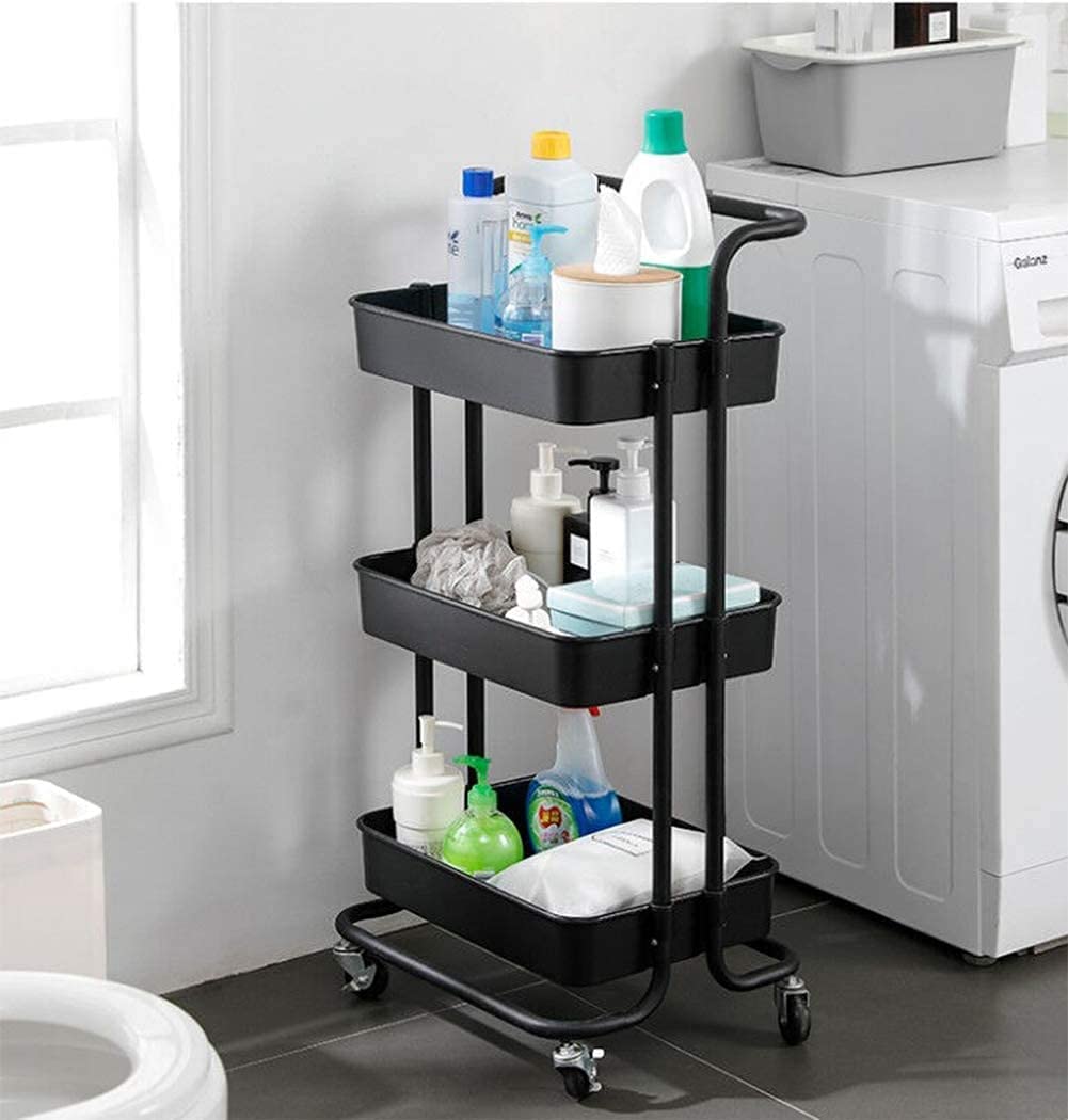 3 Tier Storage Trolley Metal Utility Trolley Storage Trolley, Multi-Purpose - (Black)