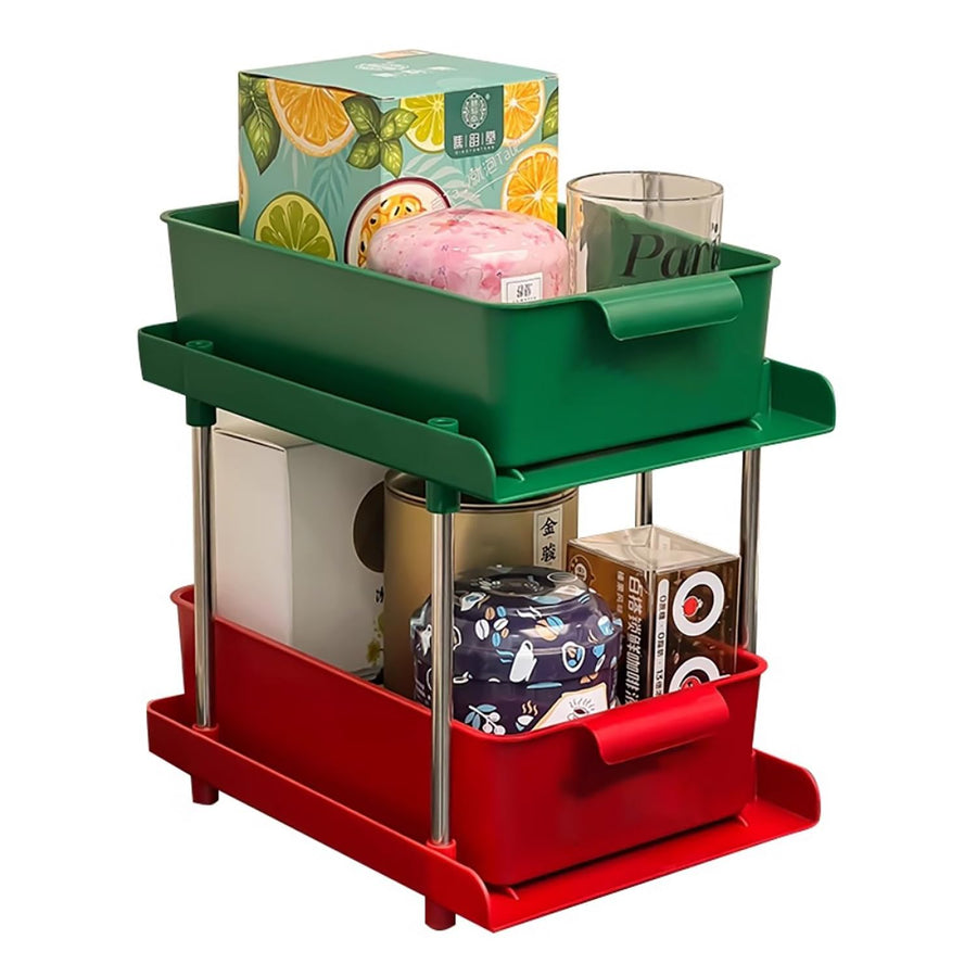 Under Sliding Cabinet Basket Organizer, 2 Layer Organizers (Green/Red)