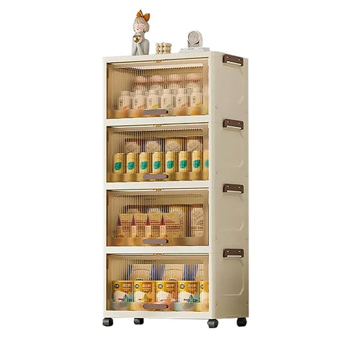 Flip Storage Box Organizer with Wheels and Doors (4 Layer 48 cm, Beige)