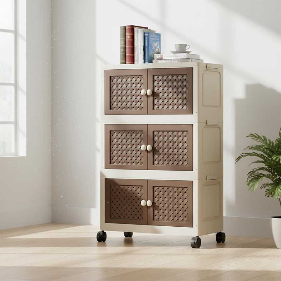 Rattan Design Foldable Storage Box with Wheels (Cream/Brown)