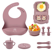 9 Pcs Silicone Baby Feeding Set | Car Divided Plate & Bowl, Spoons, Forks & Bib