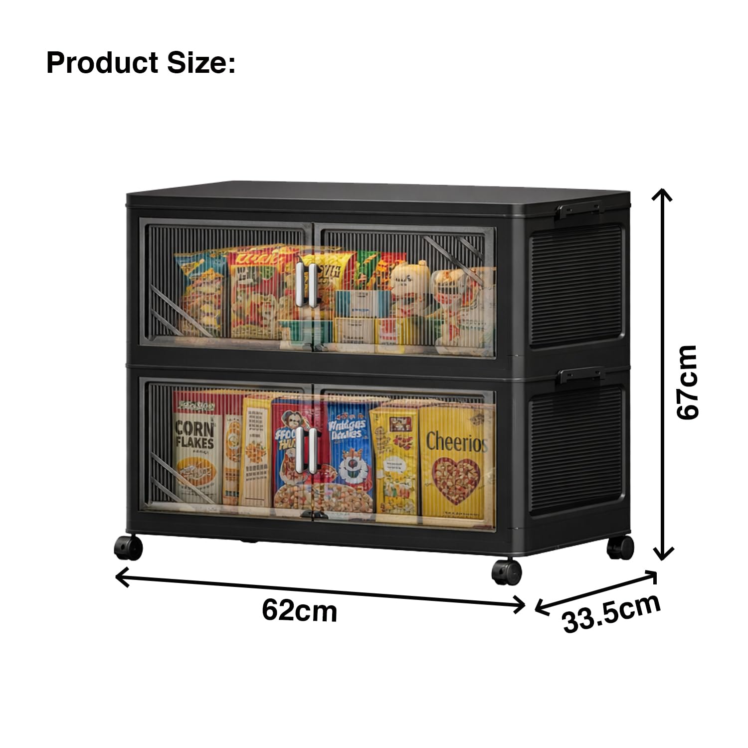 Foldable Storage Box with Wheels & Transparent Windows (Black, 62cm)