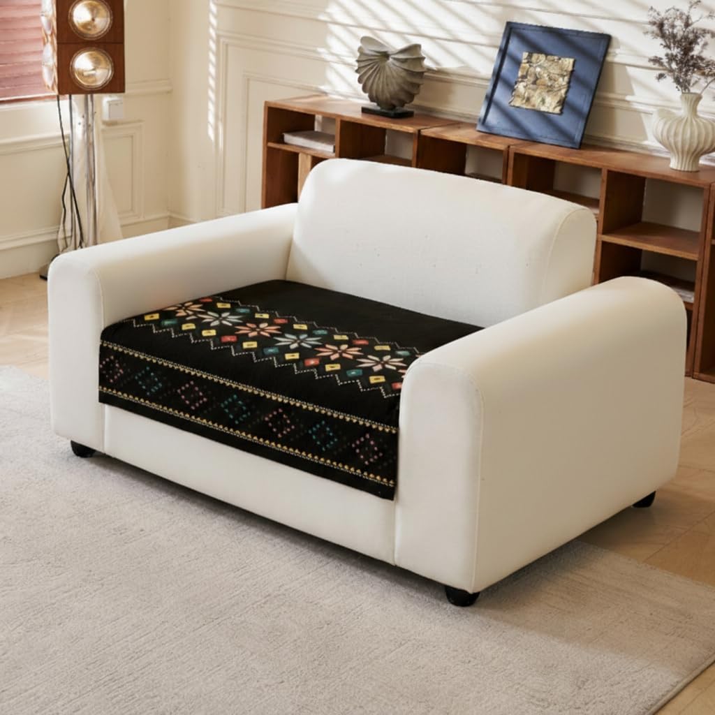 Rangoli Series Chenille Bohemia Couch Cover Quilted Non-Slip Washable Sofa Slipcover (Black)